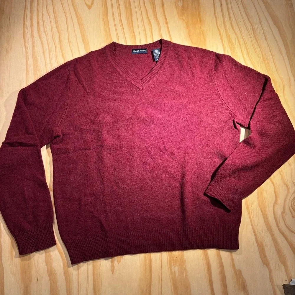 Grant Thomas pure wool red maroon v neck sweater